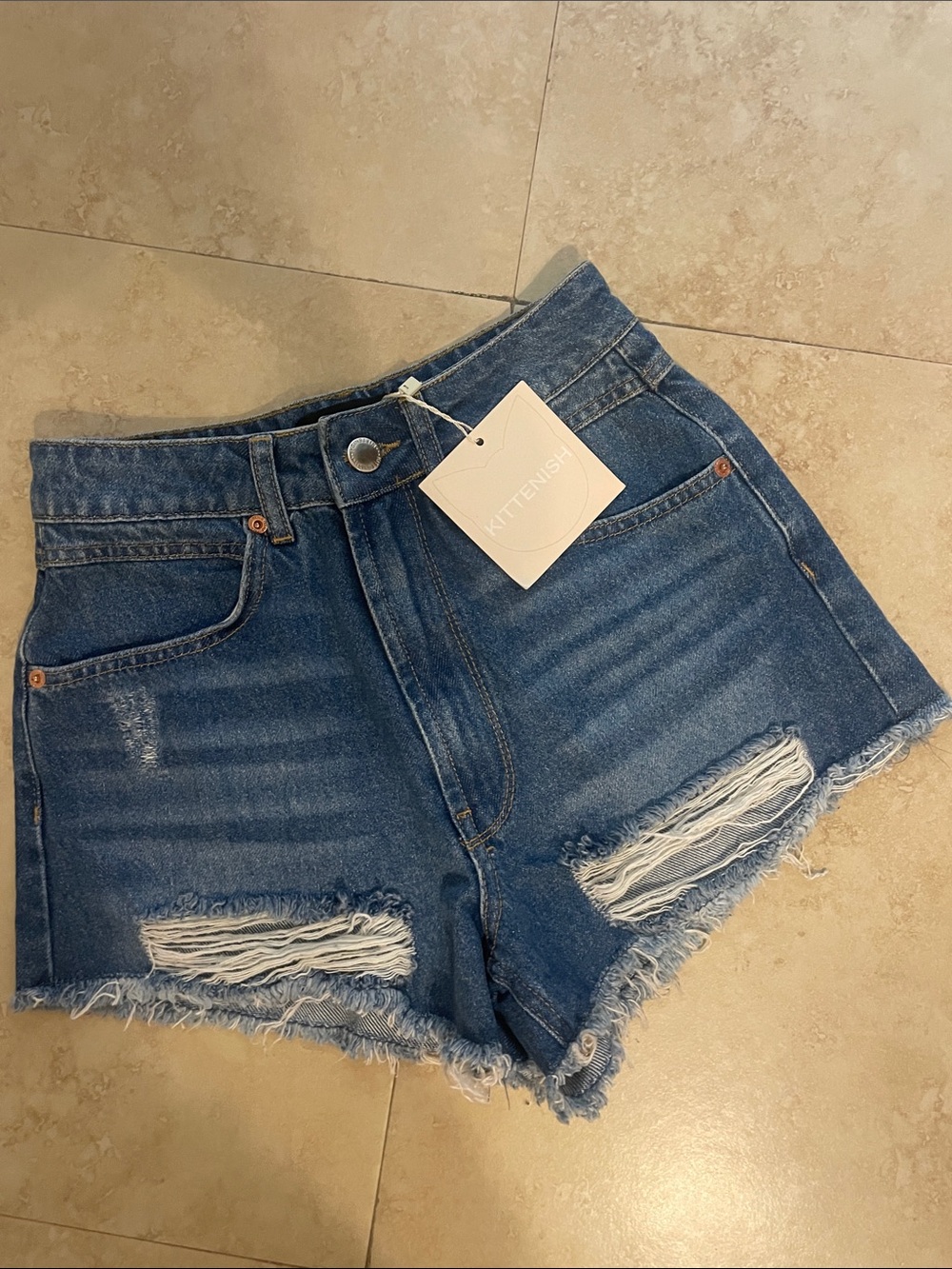 Kittenish Distressed High-Rise Denim Shorts - Medium Blue